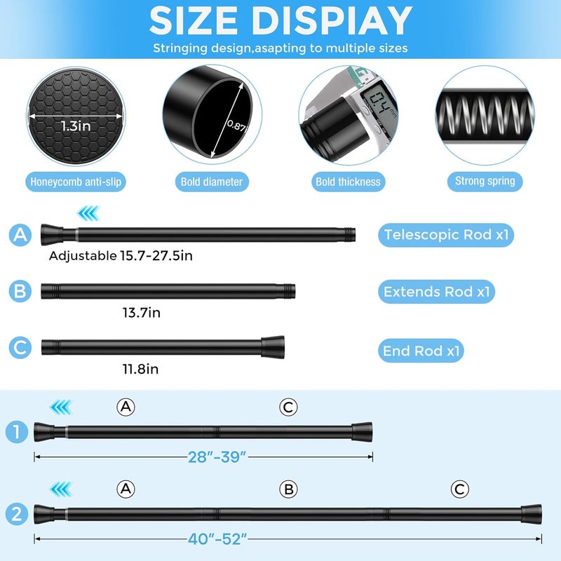 ZipGlo Tension Curtain Rod Black Tension Rod 2pcs Spring Curtain Rod Non Slip Tension Rods For Windows 28 to 48 Inch No Drilling Adjustable Tension Rods of Curtain Window Closet Kitchen Wardrobe - Image 5